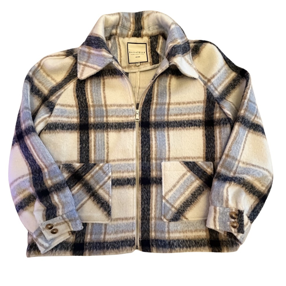 Bagatelle Collection Plaid Zip Up Jacket Womens Large Blue Cream Wool Blend